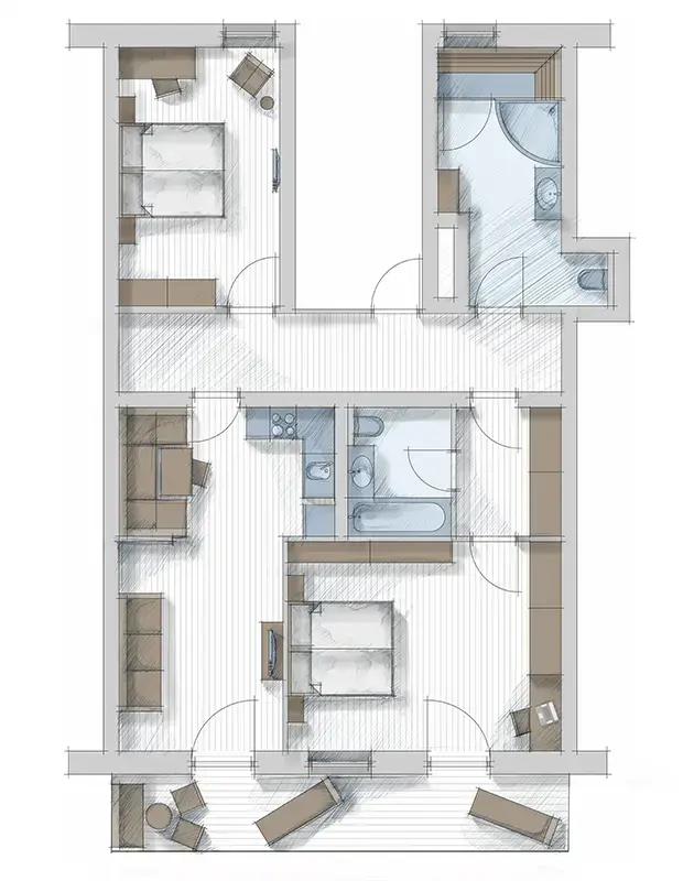 Grundriss aller Räume mit 2 Bädern und Wärmekabine