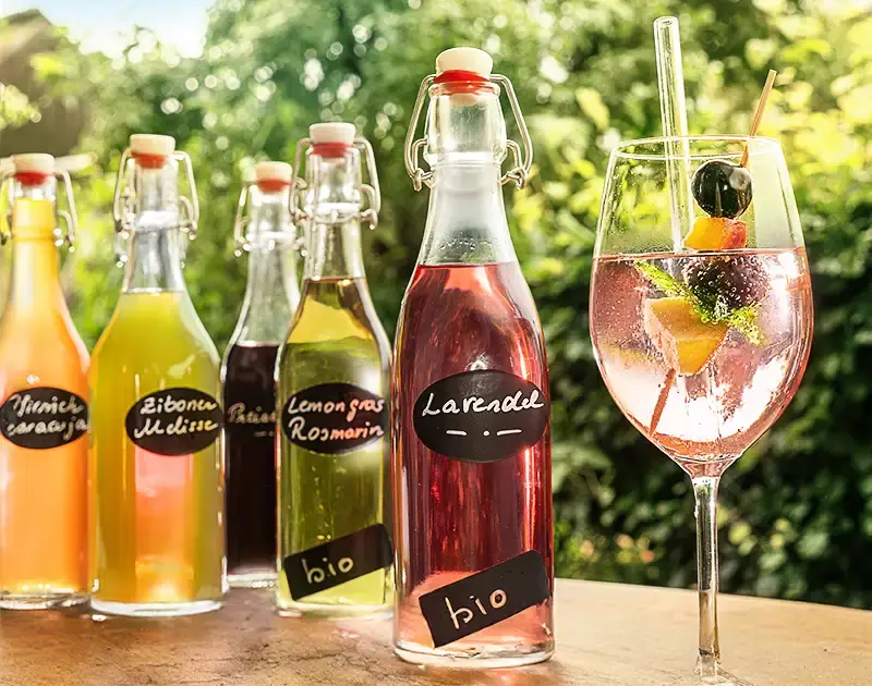Bottles of fruit syrup